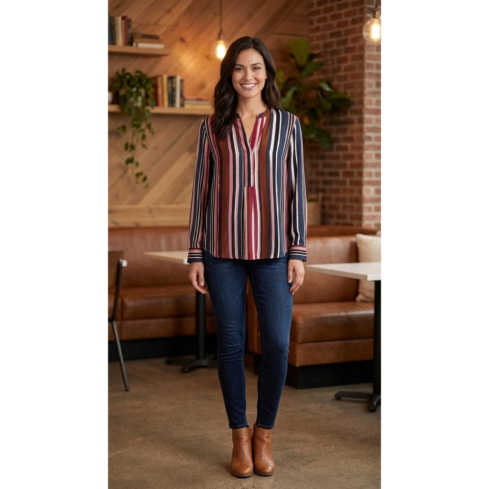 Hope & Harlow Long Sleeve Stripe V-neck Tunic Fall Cuffed Blouse Top Women's Lg